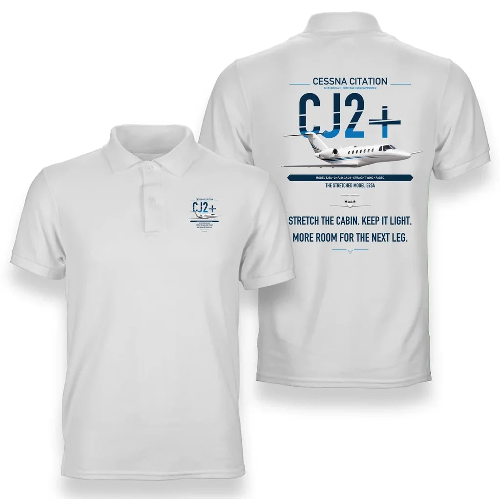 Cessna Citation CJ2+ design on white double-side polo t-shirt, double-side print