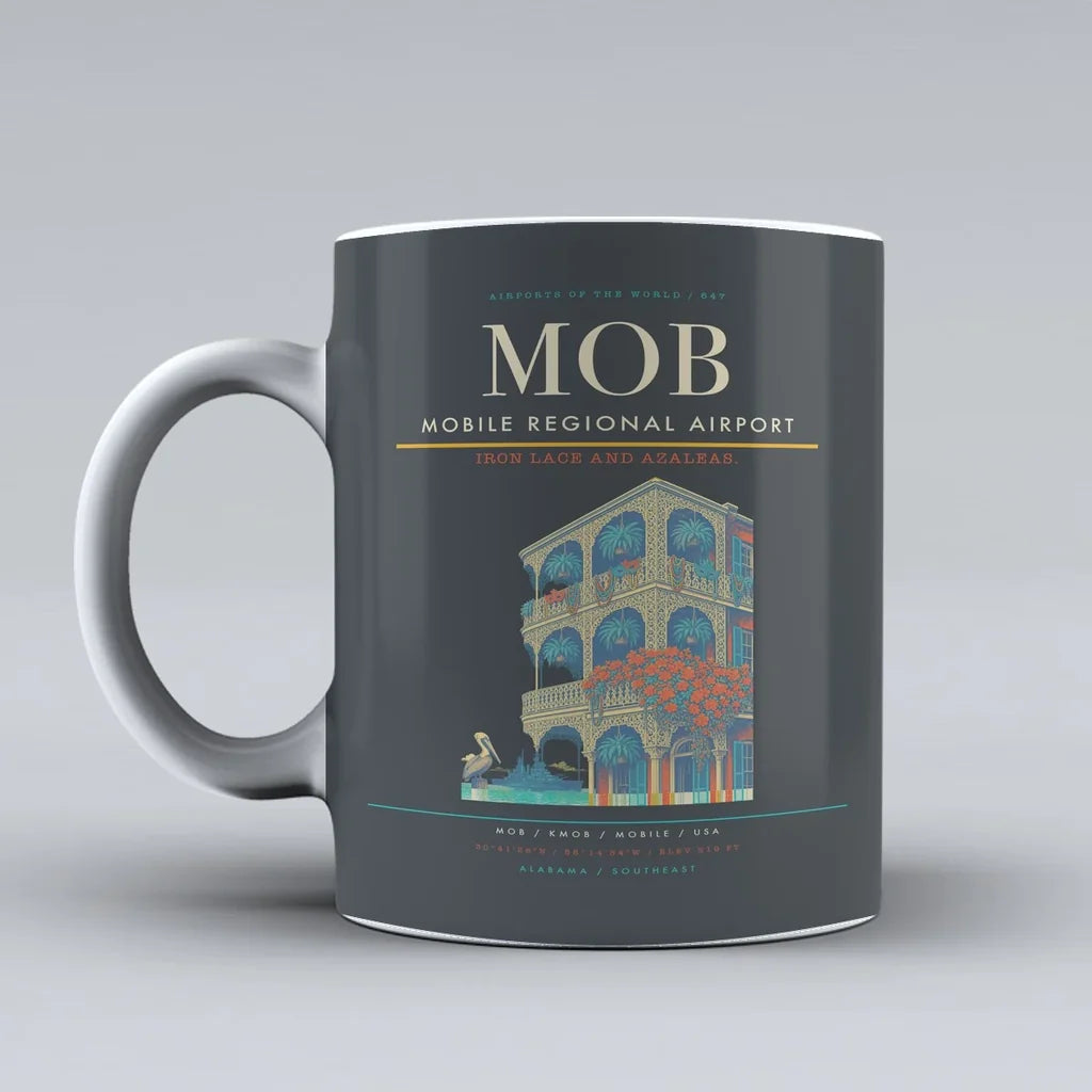 Mobile Regional Airport (MOB) airport code design on gray ceramic mug