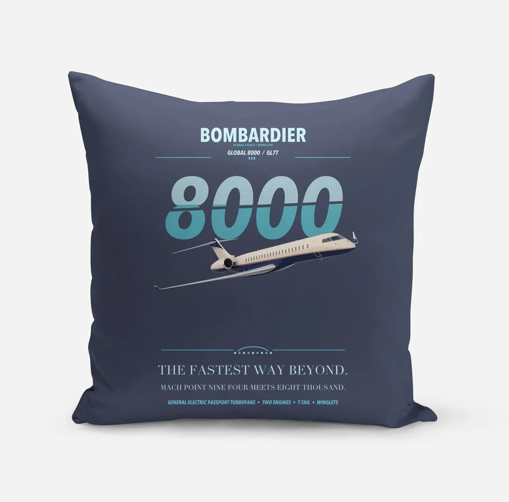 Bombardier Global 8000 design on navy blue pillow