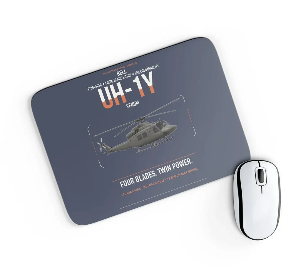 Bell UH-1Y Venom design on navy blue rectangle mouse pad
