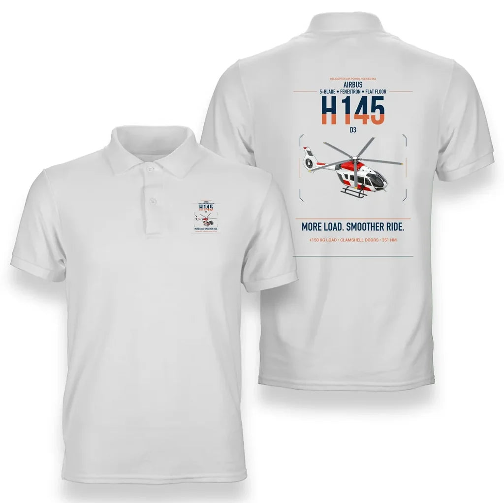 Airbus H145 D3 design on white double-side polo t-shirt, double-side print