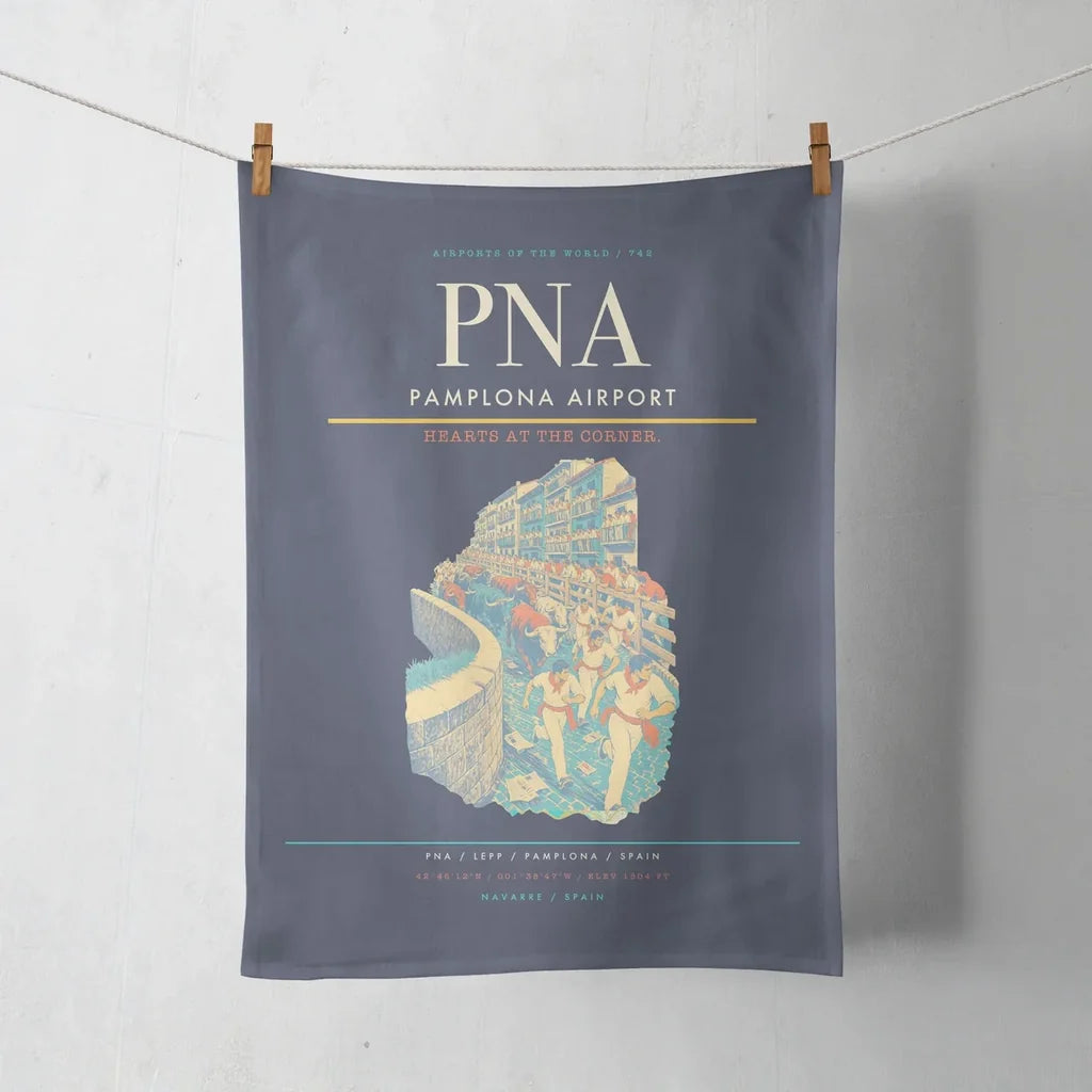 Pamplona Airport (PNA) design on navy blue towel