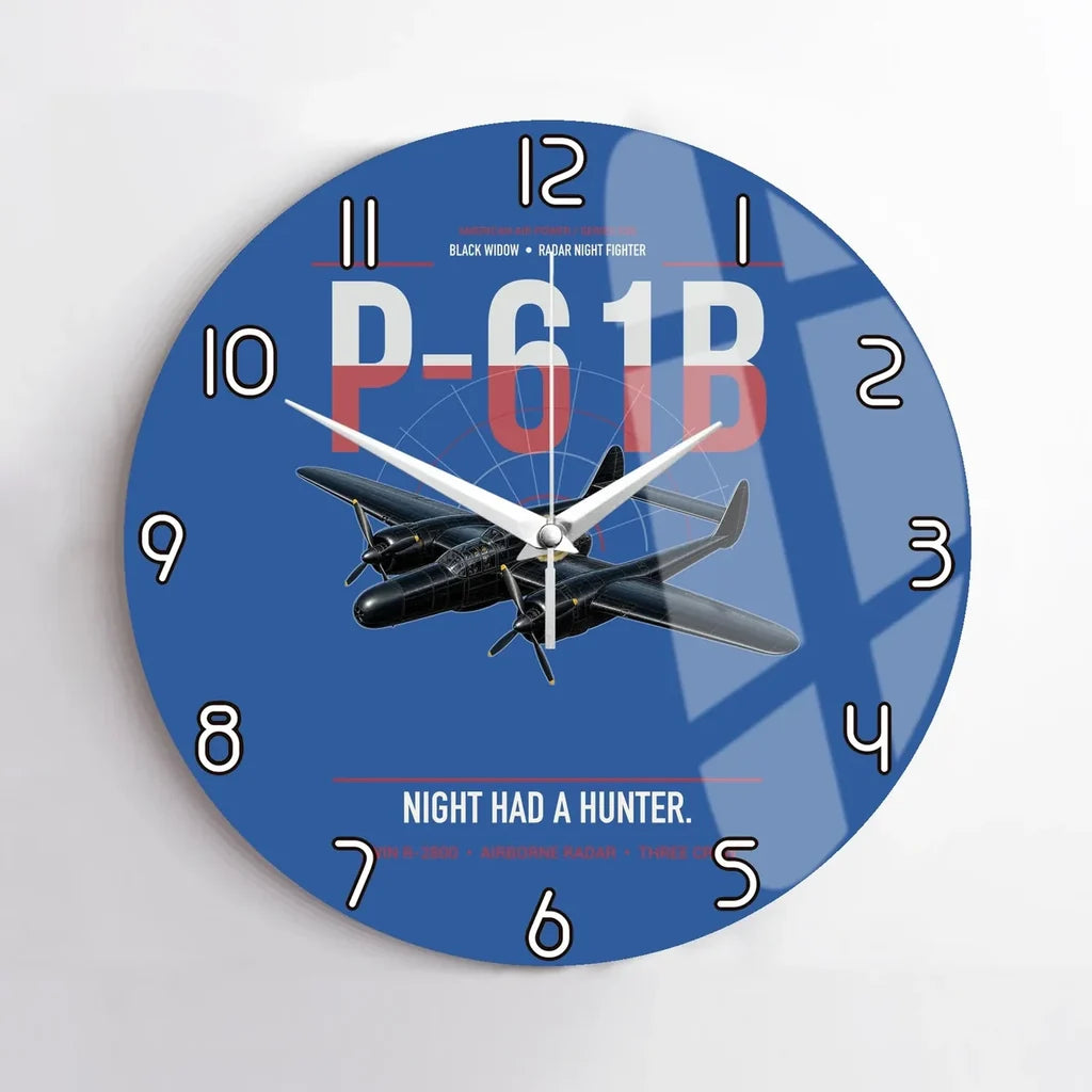 P-61B Black Widow design on blue no frame wall clock