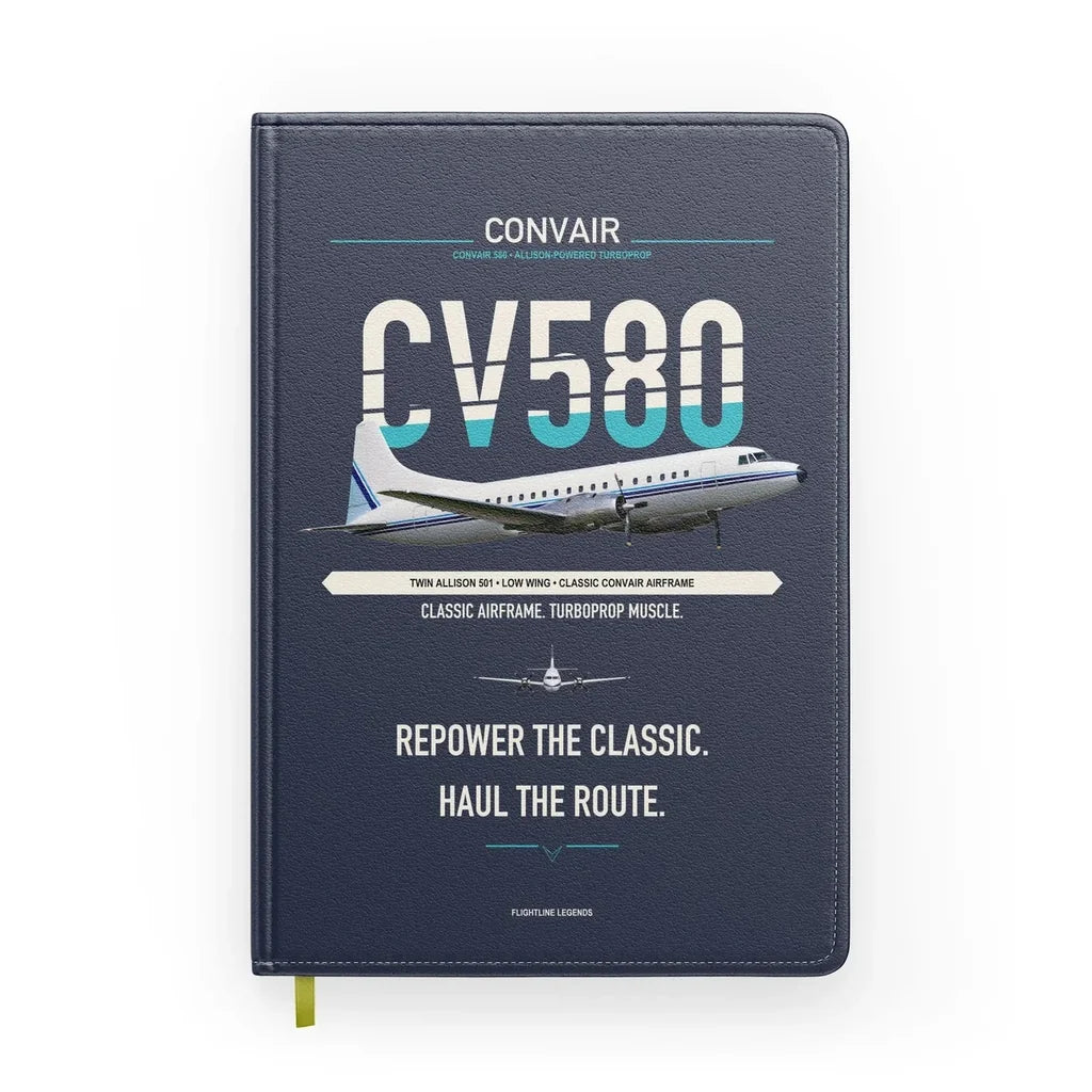 Convair 580 design on navy blue notebook