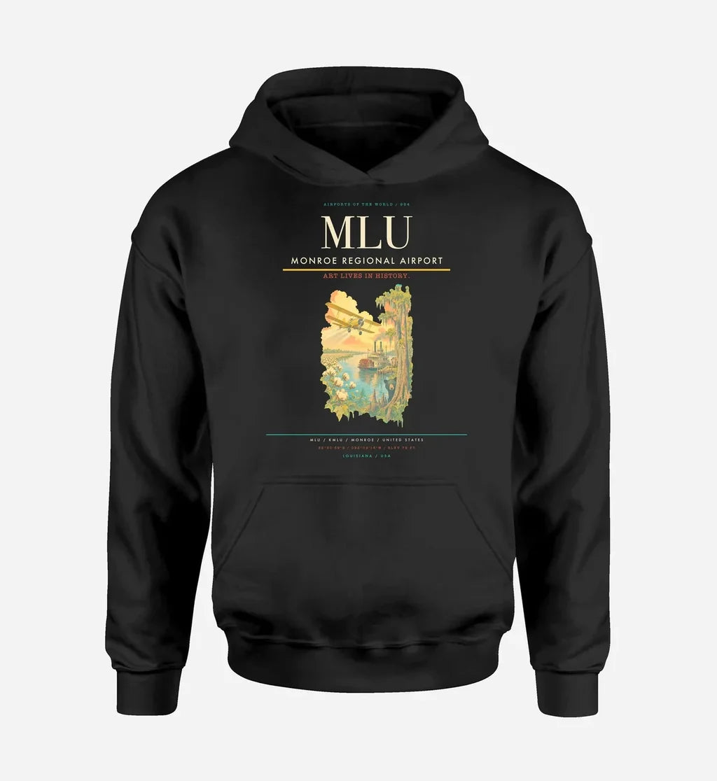 Monroe Regional Airport (MLU) design on black hoodie single-side print