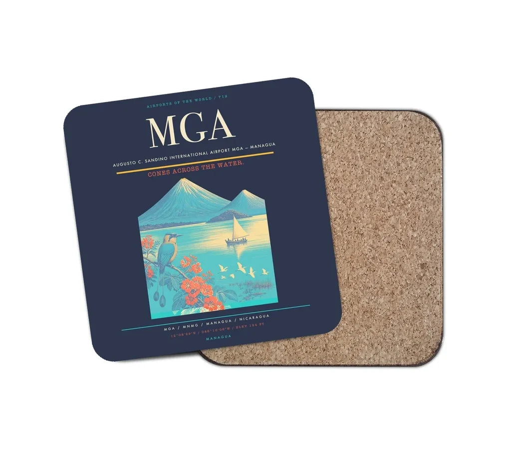 Augusto C. Sandino International Airport (MGA) design on navy blue 1 piece coaster