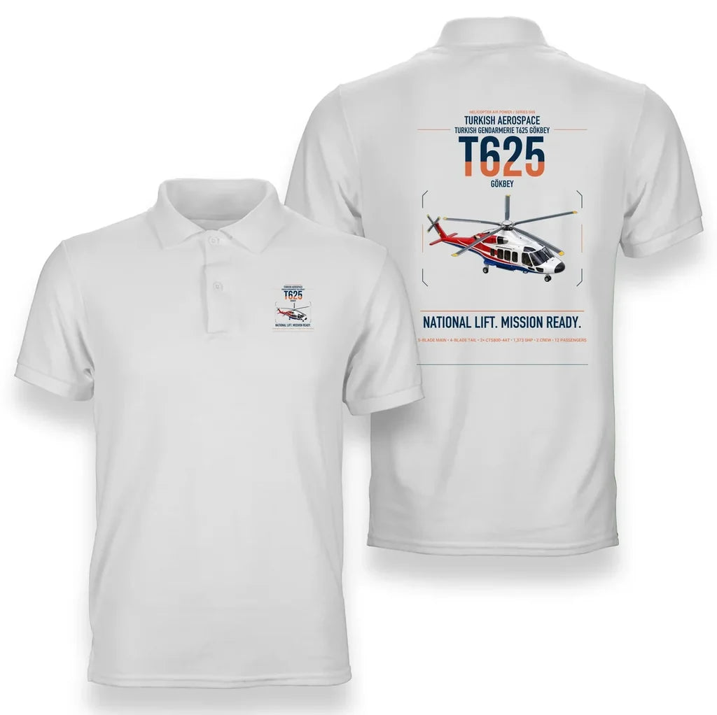 Turkish Aerospace T625 Gökbey design on white double-side polo t-shirt, double-side print