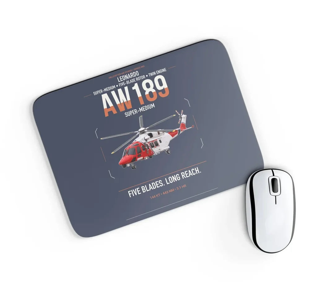 Leonardo AW189 design on navy blue rectangle mouse pad