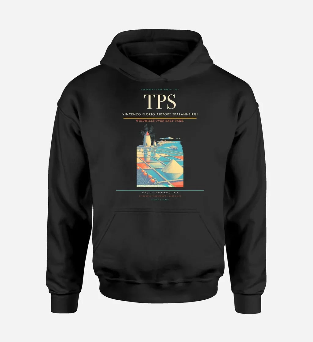 Vincenzo Florio Airport Trapani-Birgi (TPS) design on black hoodie single-side print