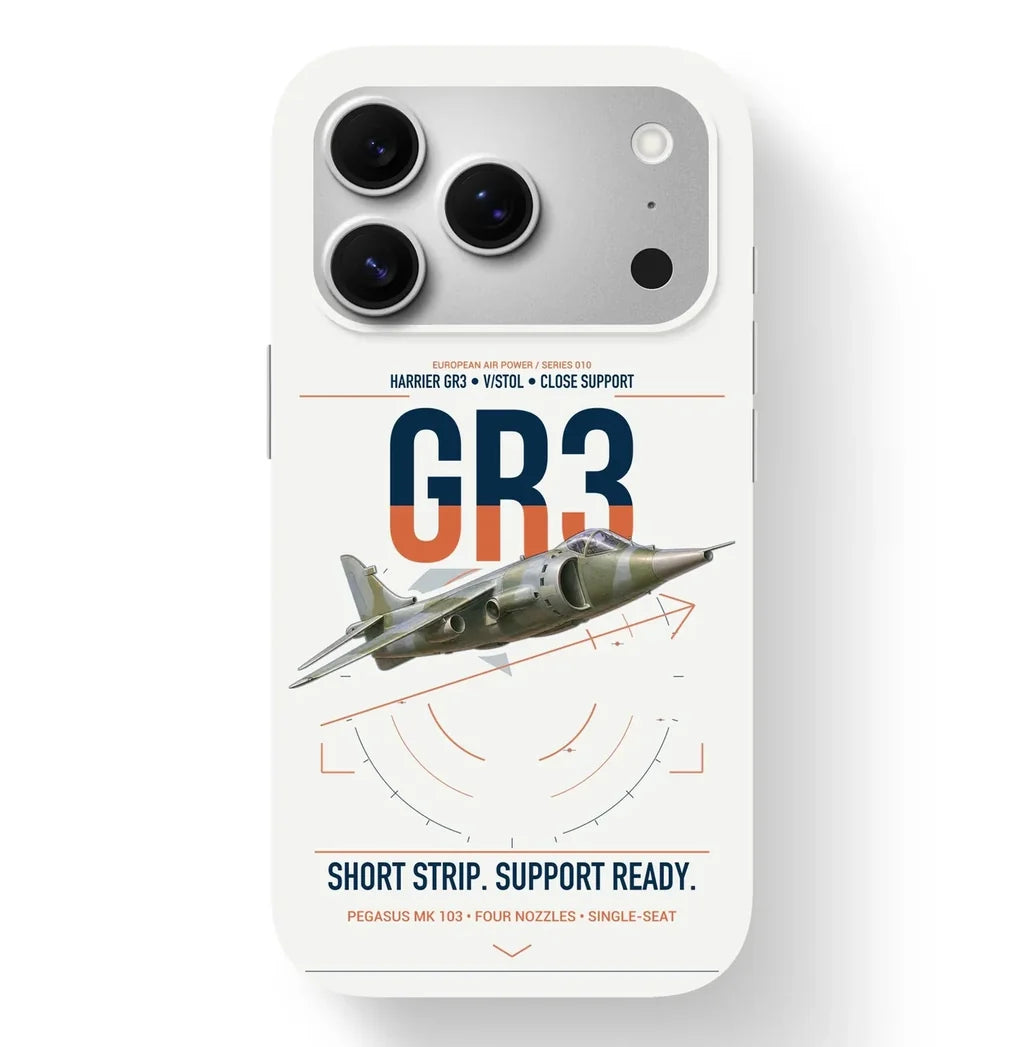 Hawker Siddeley Harrier GR3 design on white magsafe iphone case, for iPhone 17 Pro
