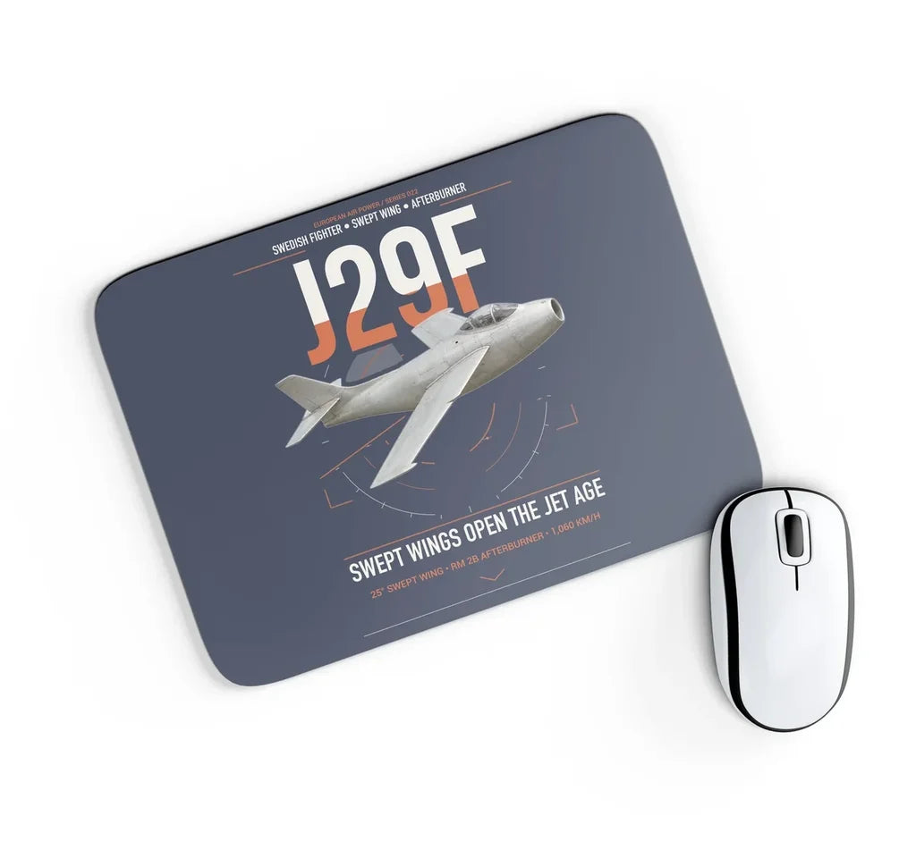 Saab J 29F Tunnan design on navy blue rectangle mouse pad
