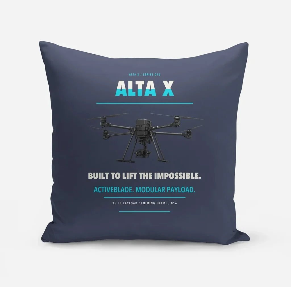 Freefly Alta X design on navy blue pillow