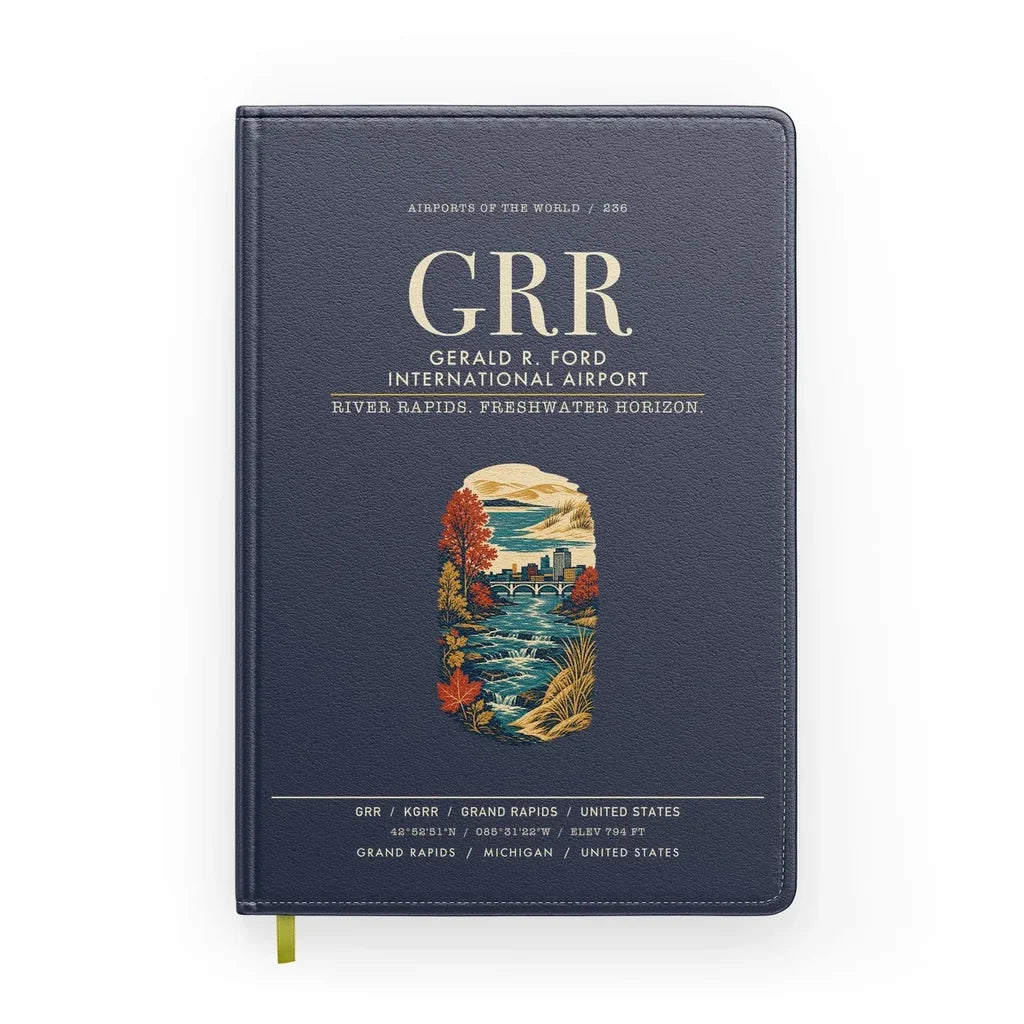 Gerald R. Ford International Airport Grand Rapids (GRR) design on navy blue notebook