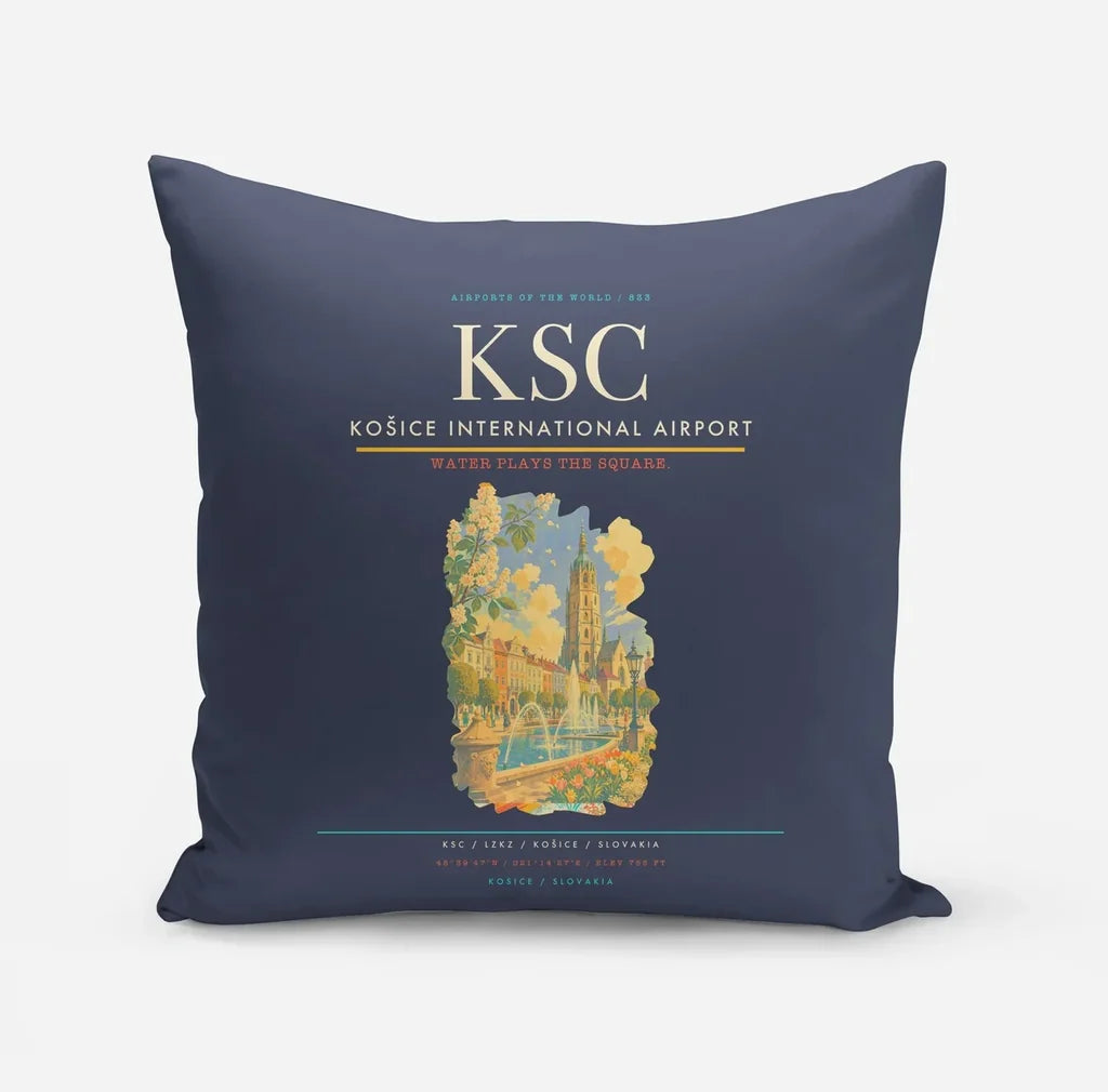Košice International Airport (KSC) design on navy blue pillow