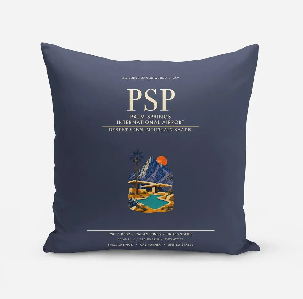 Palm Springs International Airport (PSP) design on navy blue pillow
