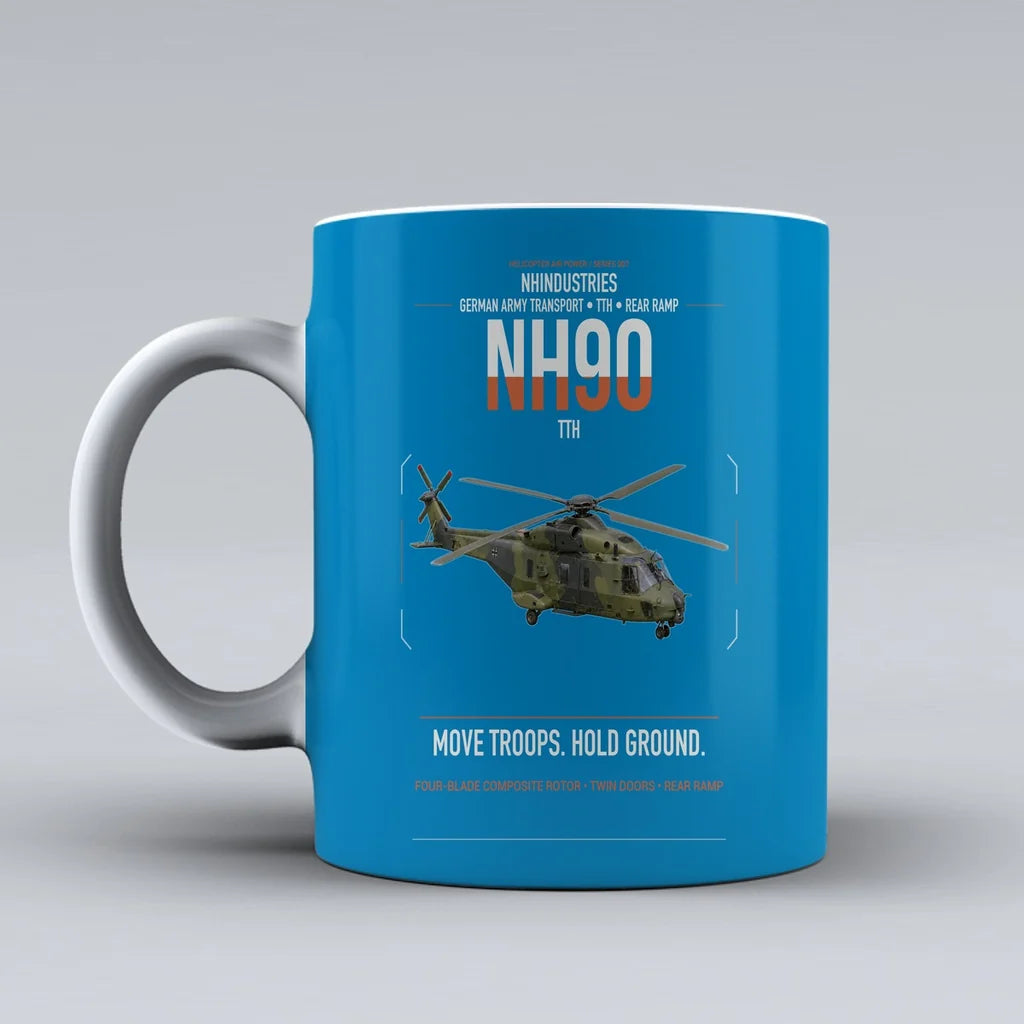 NHIndustries NH90 TTH design on turquoise ceramic mug, double-side print