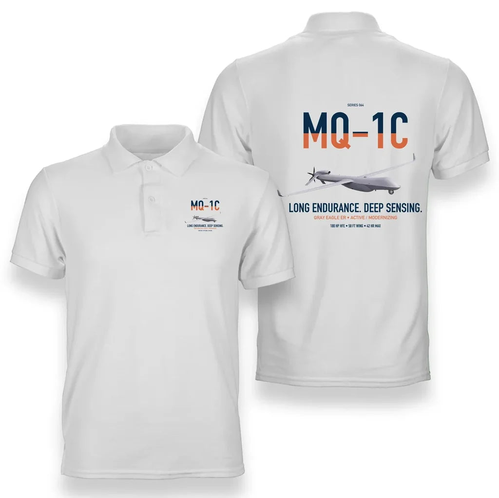 MQ-1C Gray Eagle ER design on white double-side polo t-shirt, double-side print