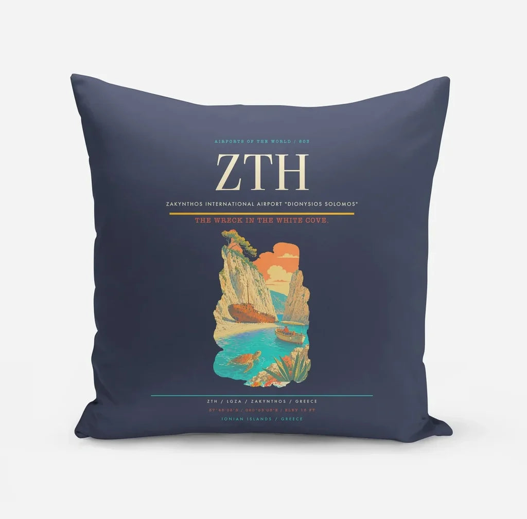 Zakynthos International Airport "Dionysios Solomos" (ZTH) design on navy blue pillow