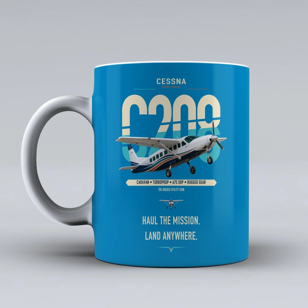 Cessna 208 Caravan design on turquoise ceramic mug, double-side print
