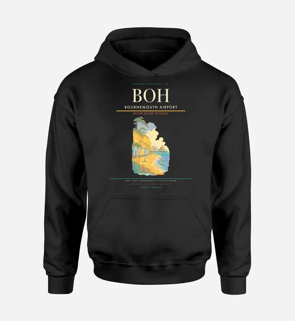 Bournemouth Airport (BOH) design on black hoodie single-side print