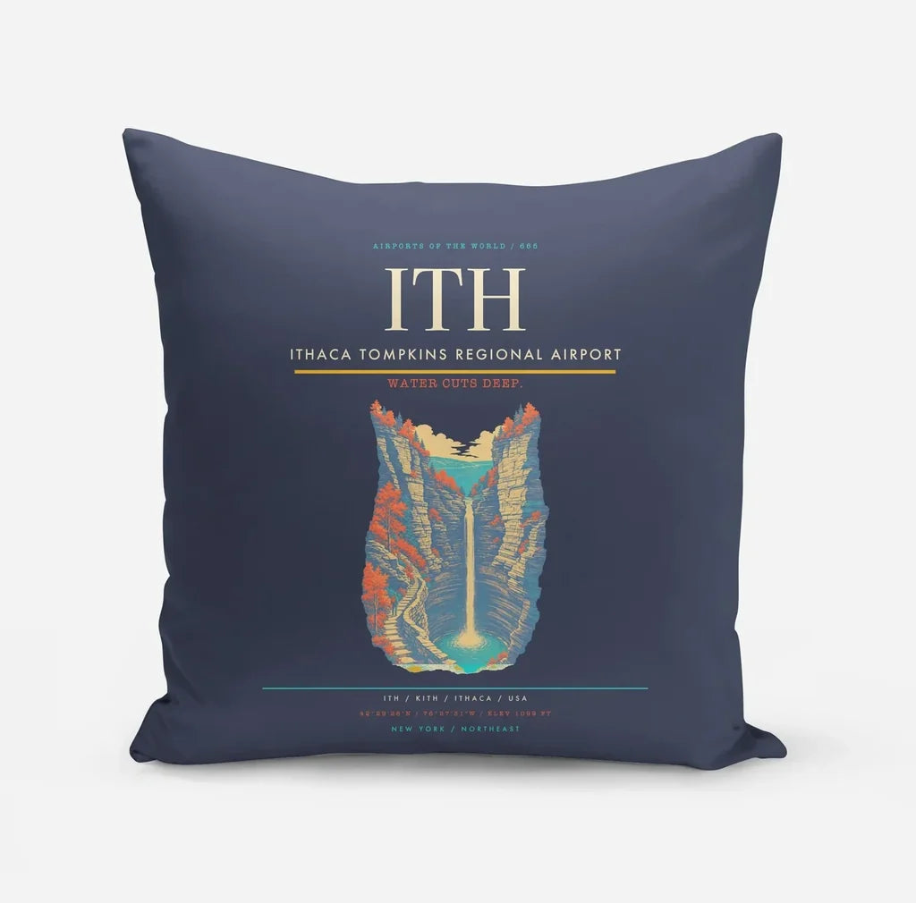 Ithaca Tompkins Regional Airport (ITH) design on navy blue pillow