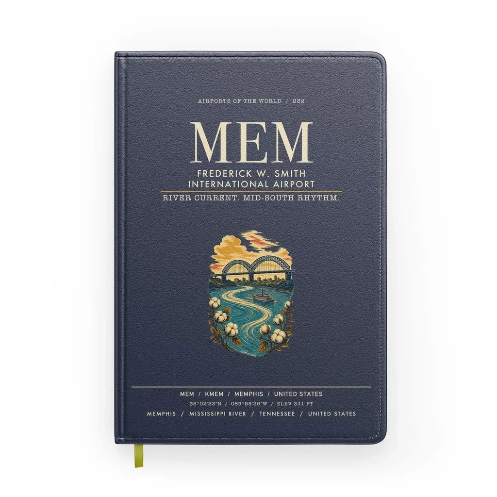 Frederick W. Smith International Airport Memphis (MEM) design on navy blue notebook