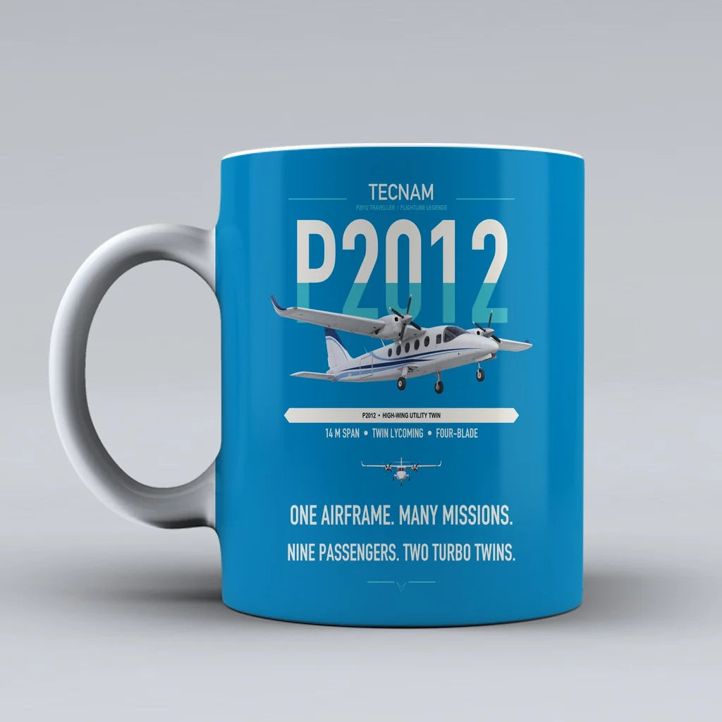 Tecnam P2012 Traveller design on turquoise ceramic mug, double-side print
