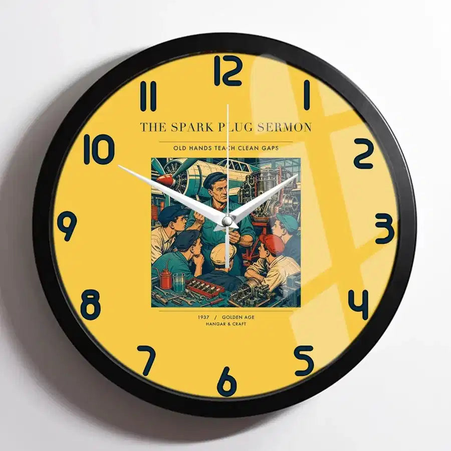 VINTAGE G4264 - The Spark Plug Sermon - Designed Wall Clocks design on yellow framed