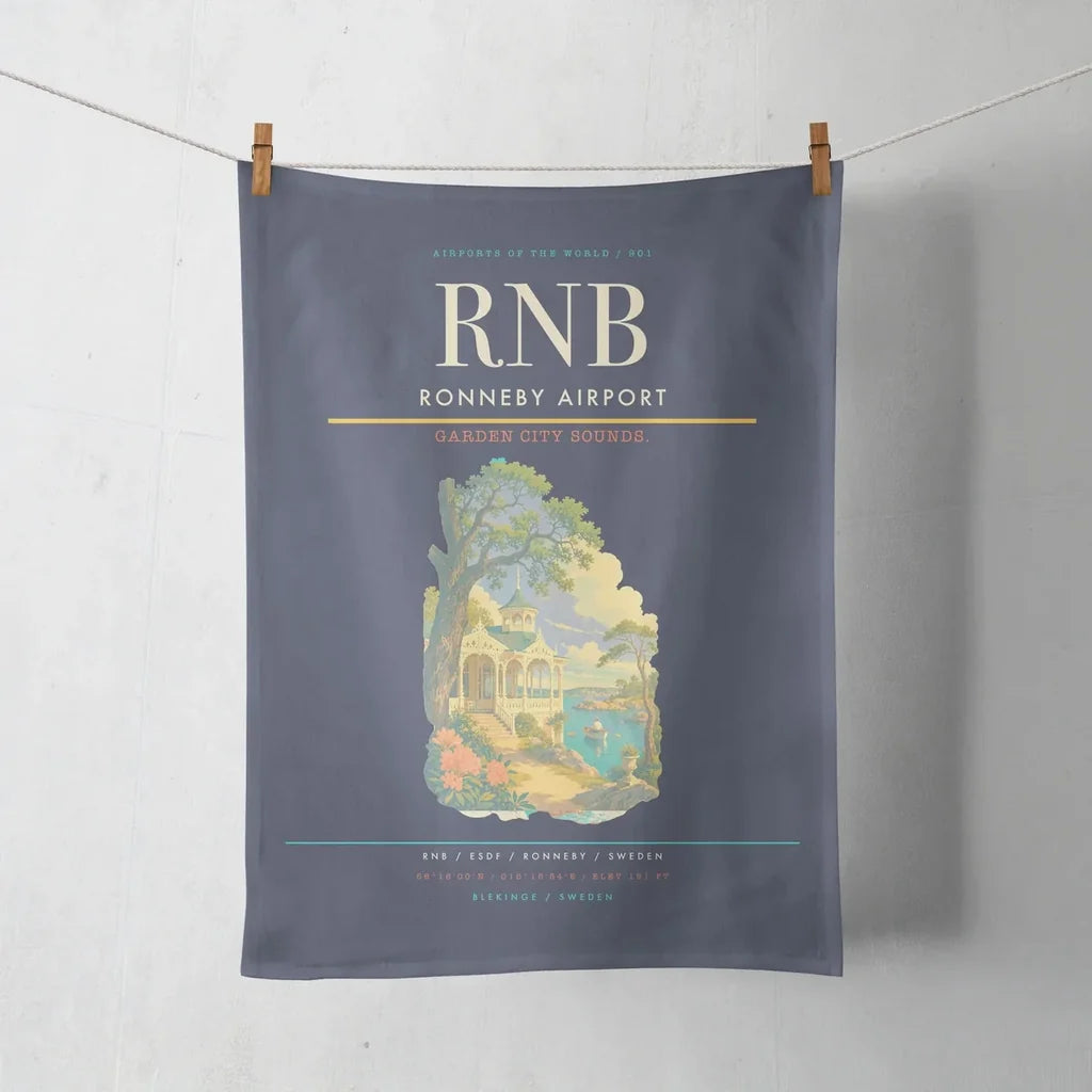 Ronneby Airport (RNB) design on navy blue towel