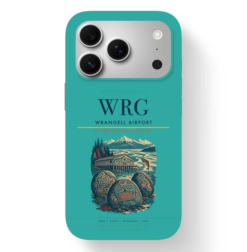 Wrangell Airport (WRG) design on turquoise iPhone 17 Pro MagSafe case
