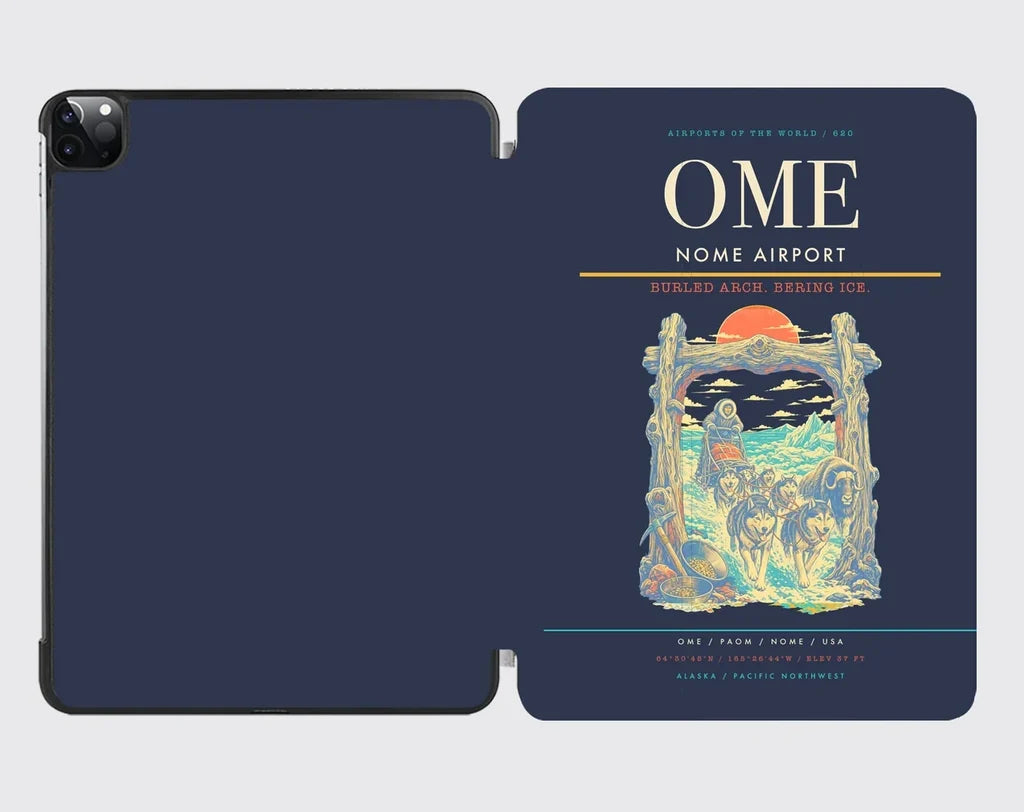 Nome Airport (OME) design on navy blue ipad tablet case