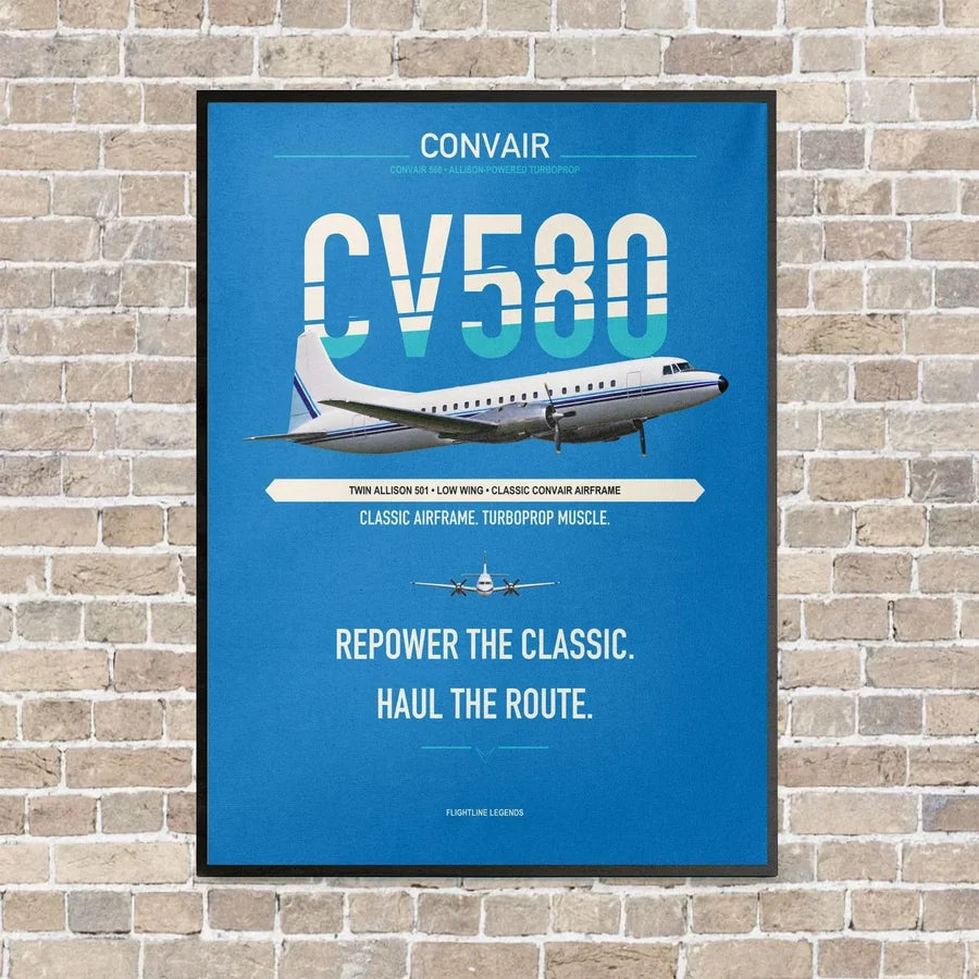 Convair 580 vertical canvas print - framed - turquoise background