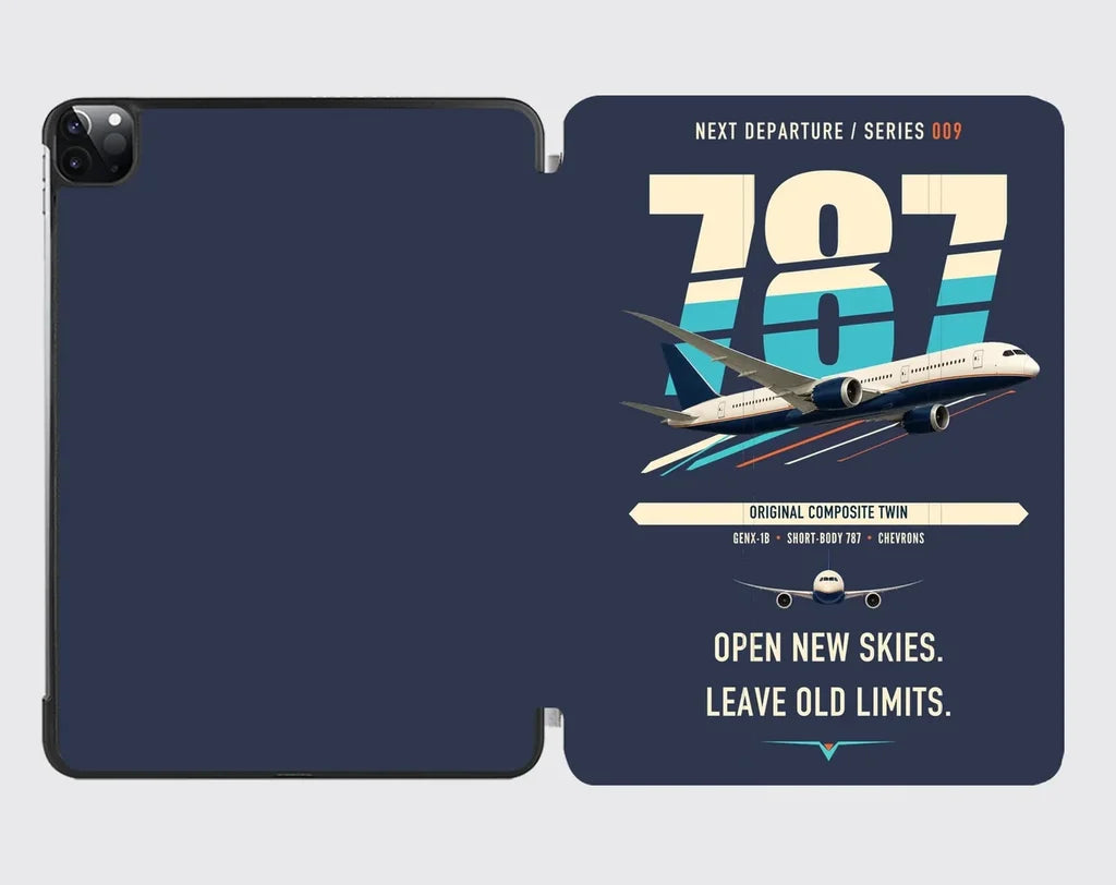 Boeing 787-8 Dreamliner design on navy blue ipad tablet case