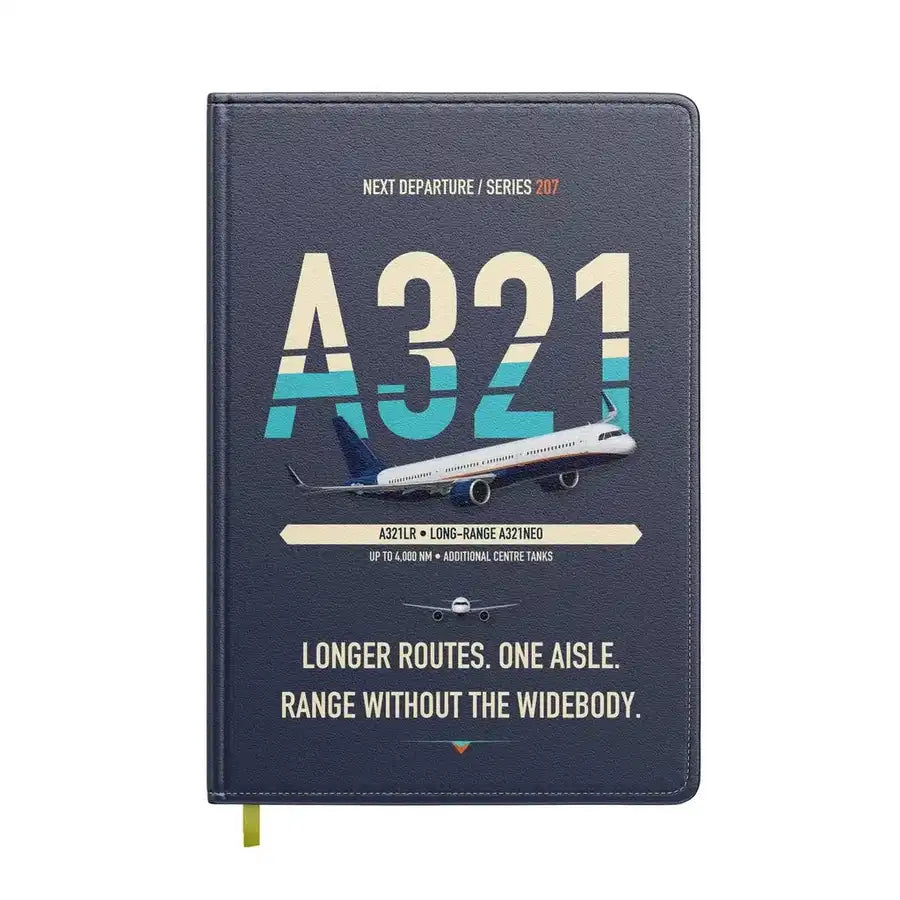 Airbus A321LR design on navy blue notebook