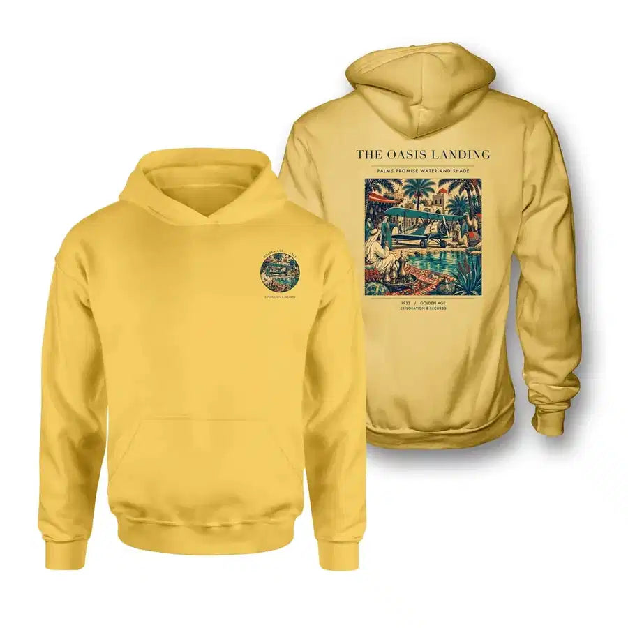 VINTAGE G4331 - The Oasis Landing - Double-Side Hoodie design on yellow double side