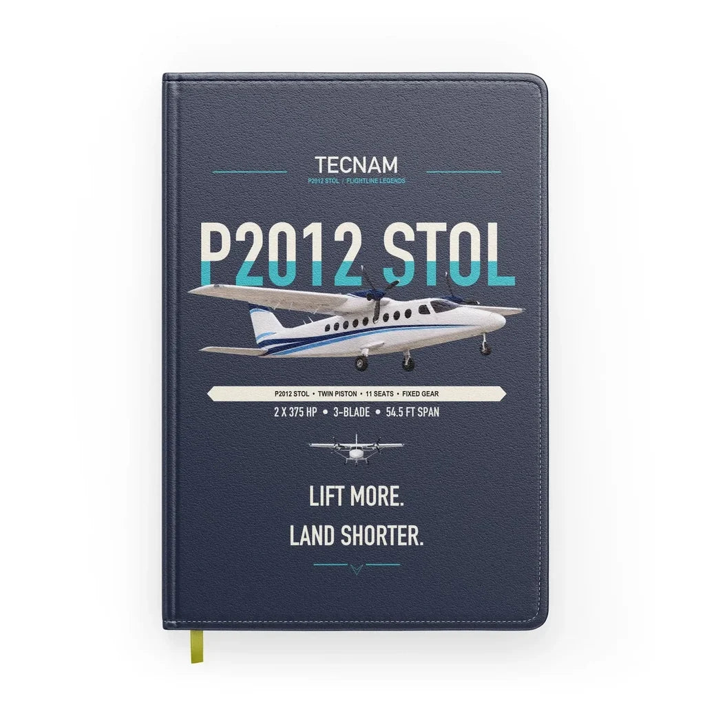 Tecnam P2012 STOL design on navy blue notebook