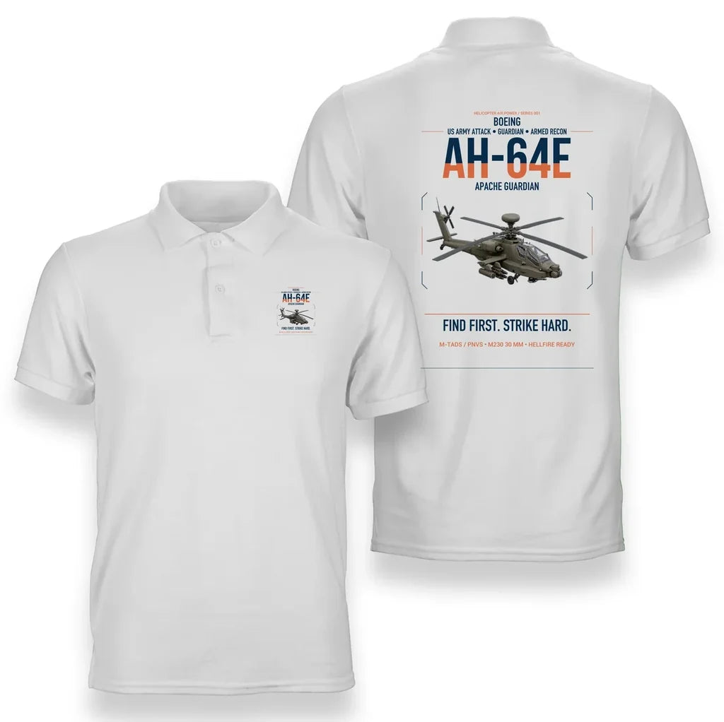 Boeing AH-64E Apache Guardian design on white double-side polo t-shirt, double-side print