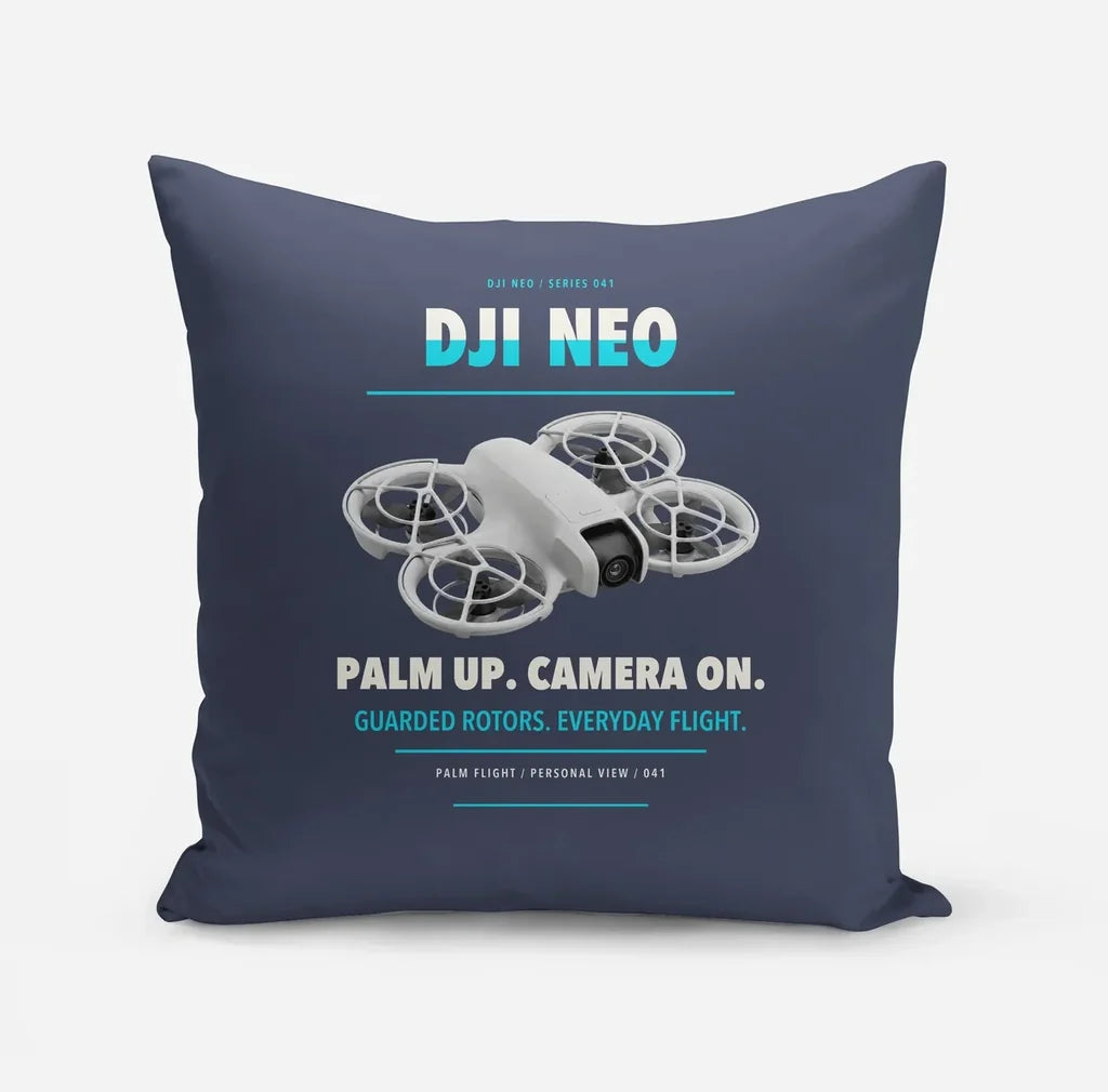 DJI Neo design on navy blue pillow