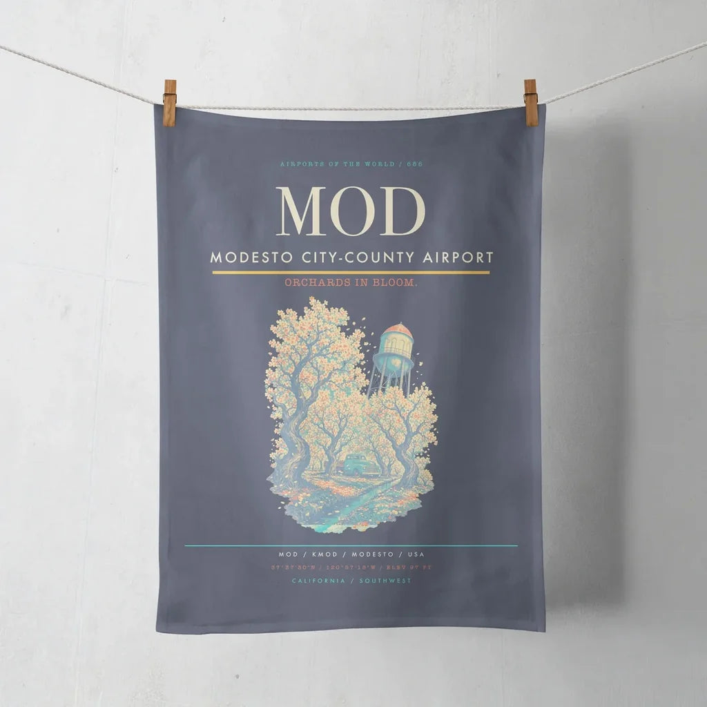 Modesto City-County Airport (MOD) design on navy blue towel