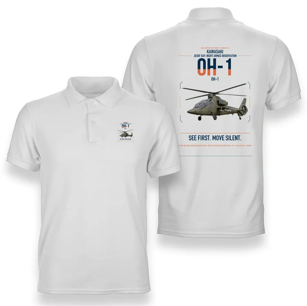 Kawasaki OH-1 design on white double-side polo t-shirt, double-side print