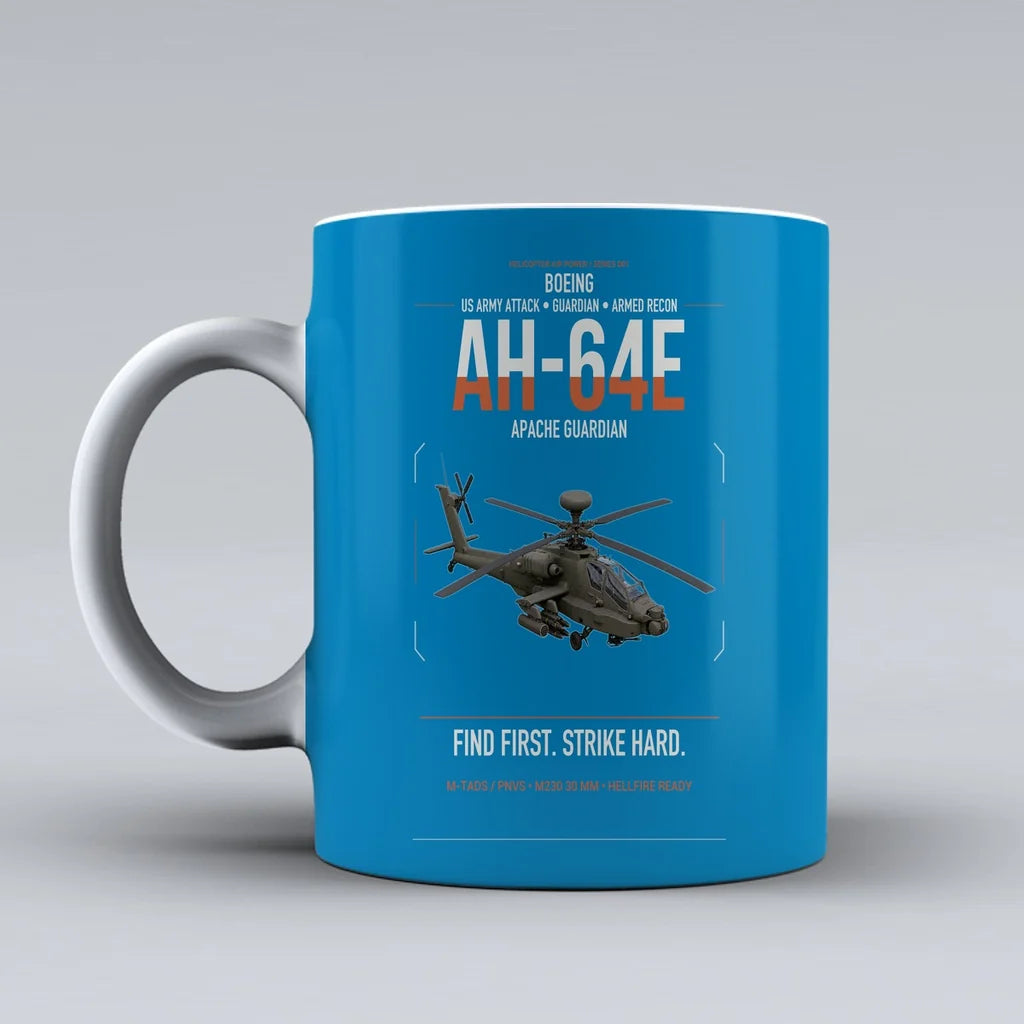 Boeing AH-64E Apache Guardian design on turquoise ceramic mug, double-side print