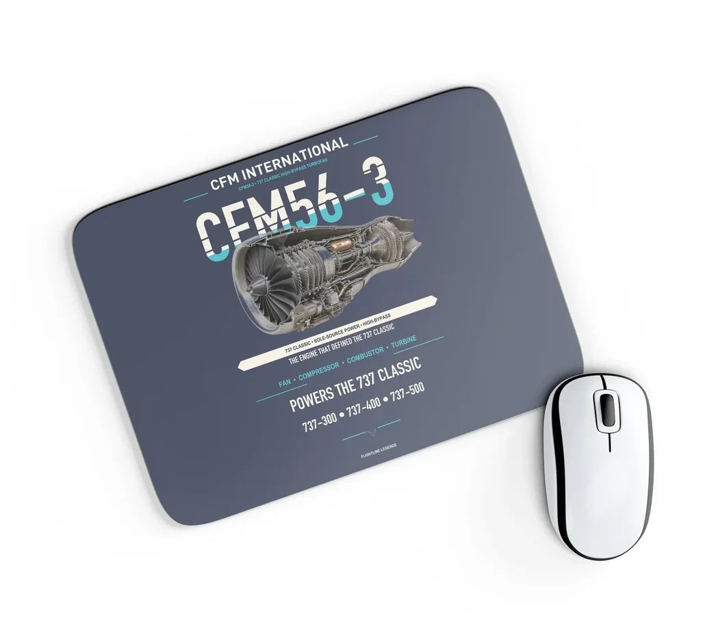 CFM56-3 design on navy blue rectangle mouse pad