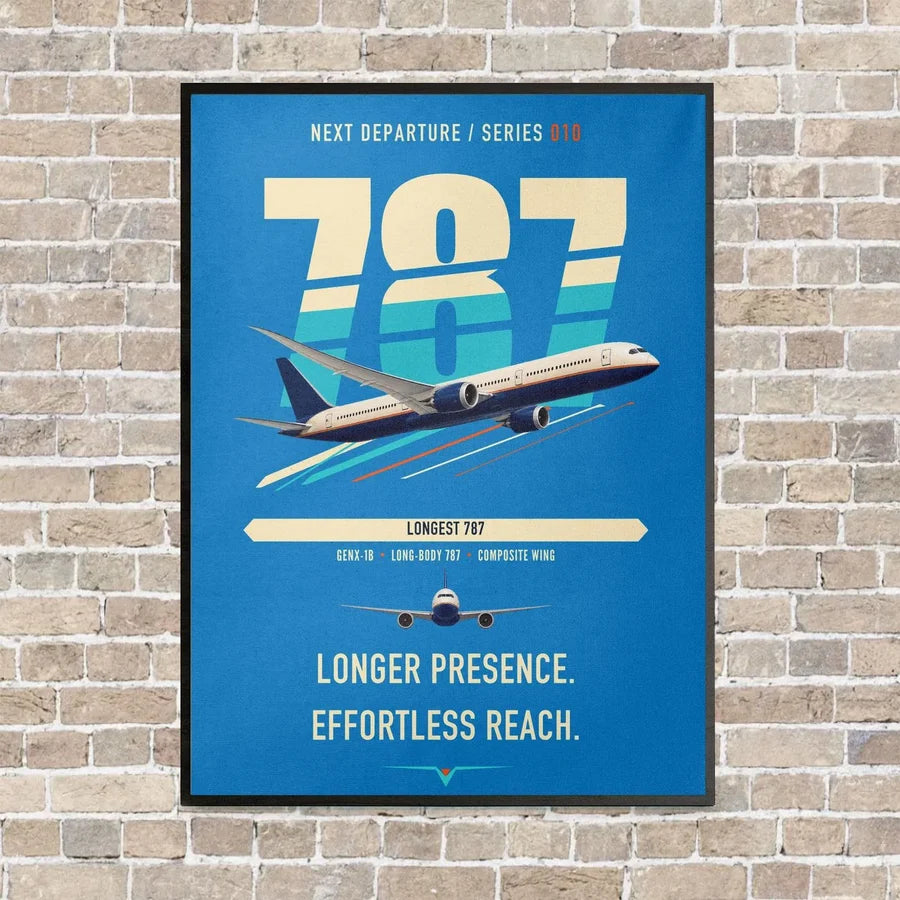 Boeing 787-10 Dreamliner vertical canvas print - framed - turquoise background