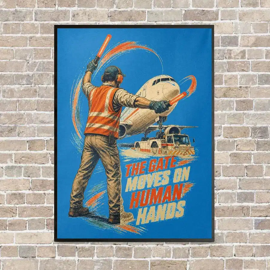 The Gate Moves On Human Hands vertical canvas print - framed - turquoise background