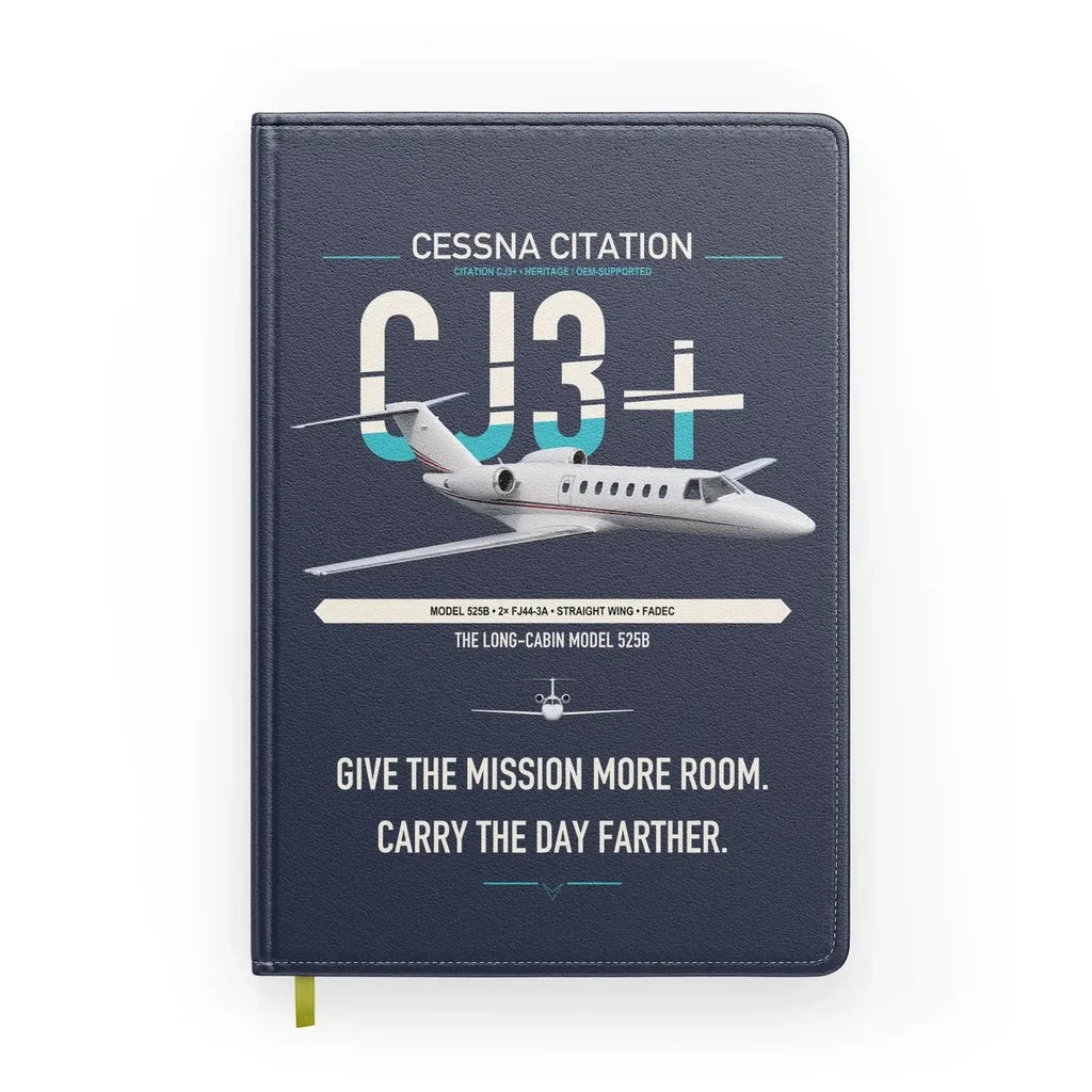 Cessna Citation CJ3+ design on navy blue notebook