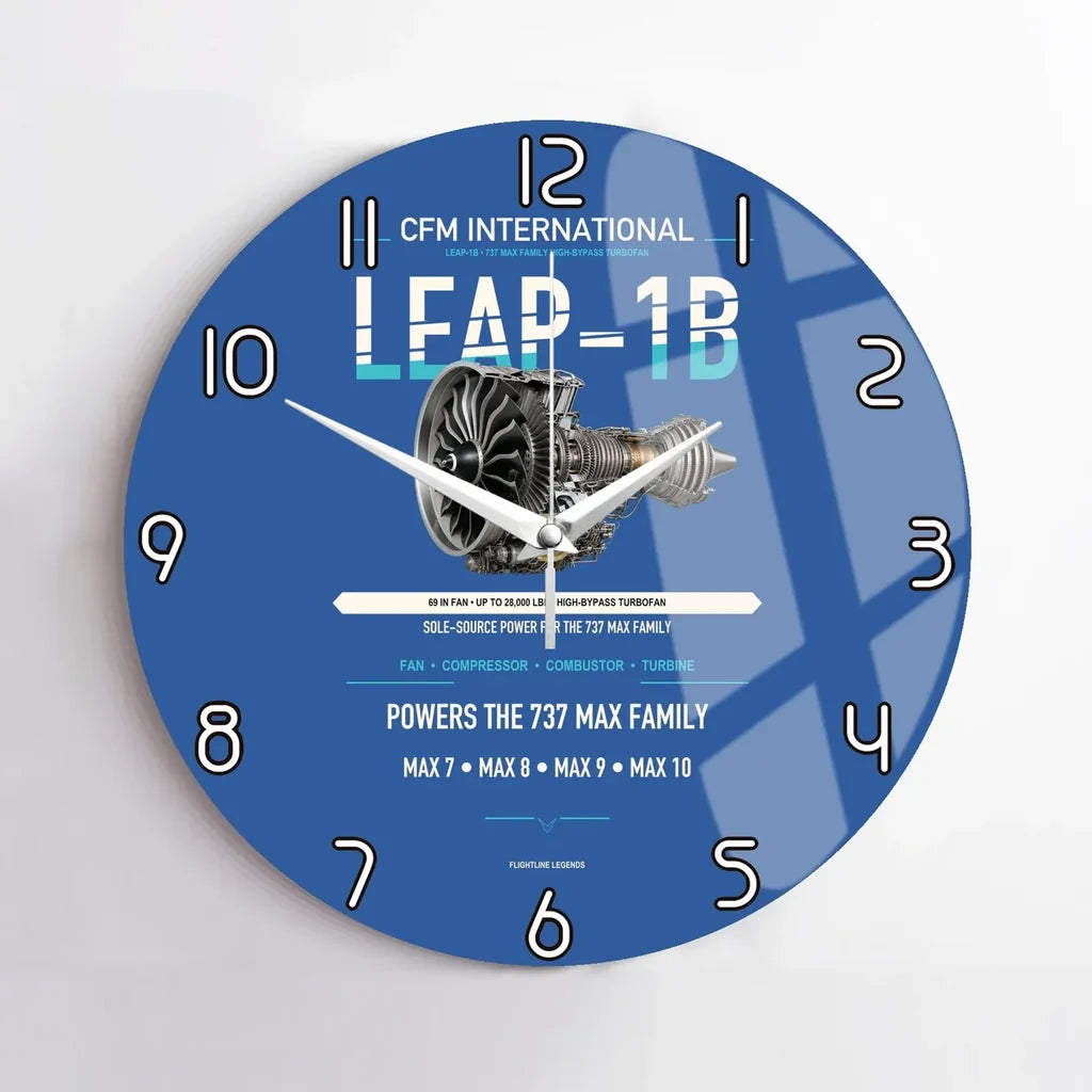 CFM LEAP-1B design on blue no frame wall clock