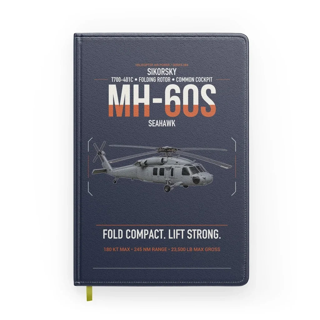 Sikorsky MH-60S Seahawk design on navy blue notebook