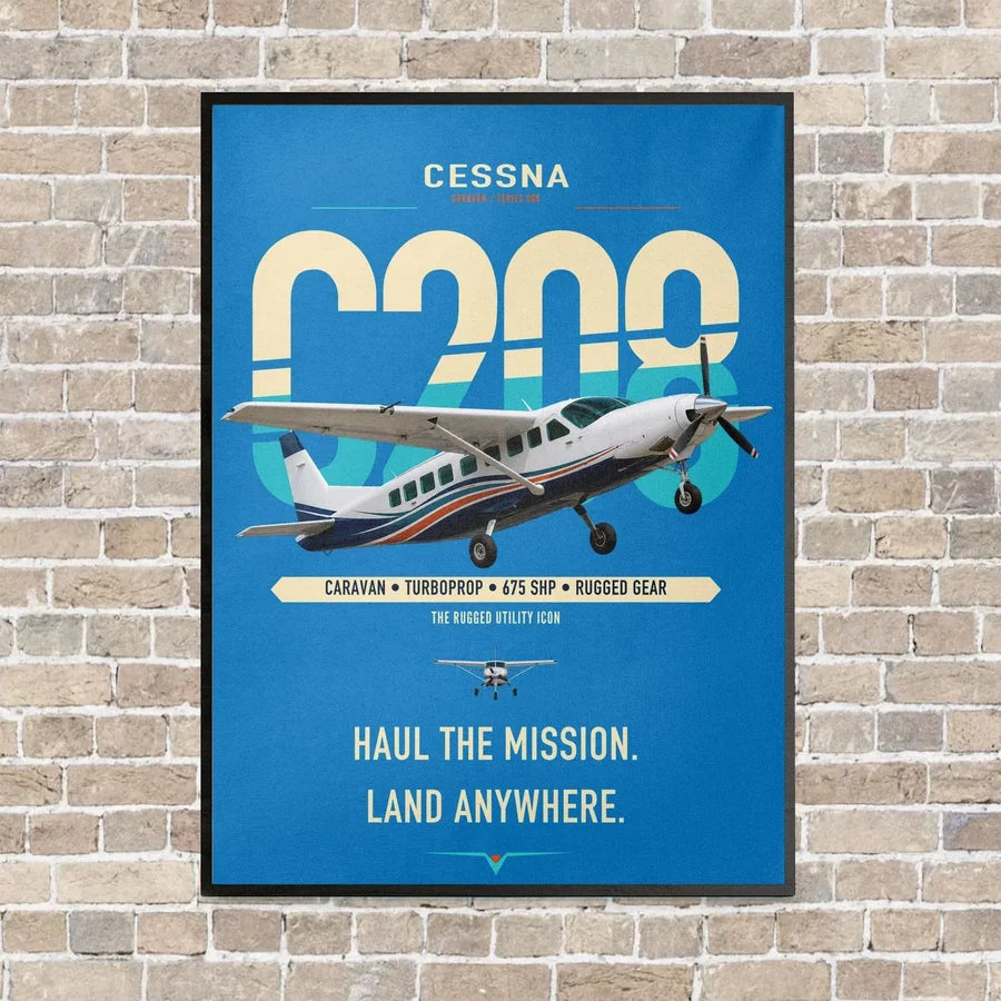 Cessna 208 Caravan vertical canvas print - framed - turquoise background
