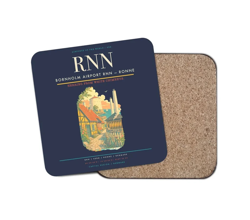 Bornholm Airport (RNN) design on navy blue 1 piece coaster