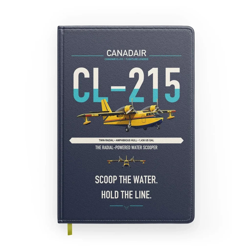 Canadair CL-215 design on navy blue notebook